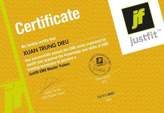 Chứng chỉ Justfit EMS của HLV Điều Xuân Trung