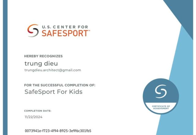 Chứng chỉ SafeSport For Kids của HLV Điều Xuân Trung